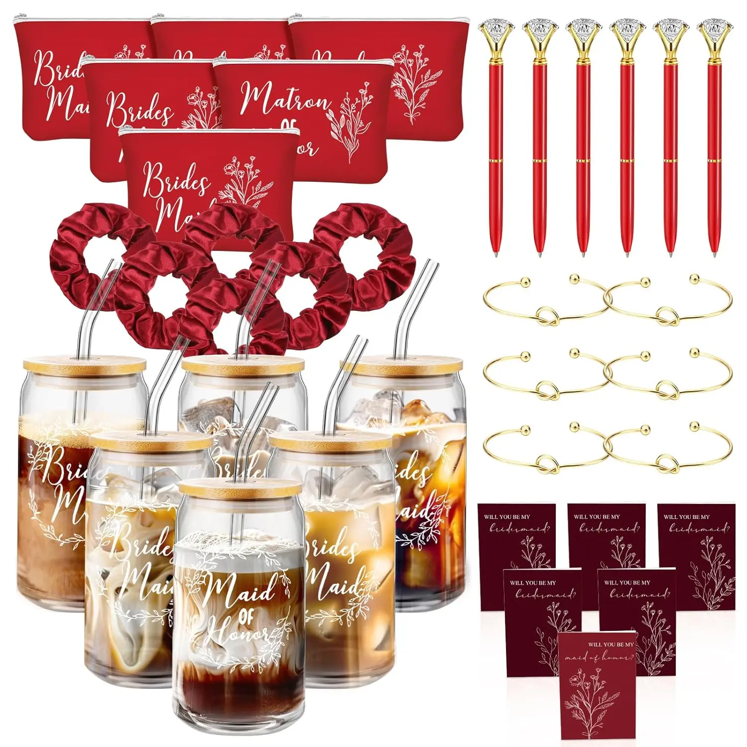 36-Piece Bridesmaid Invitation Gift Set (6-Piece Set) "Will You Be My Bridesmaid?" 16oz Glass Mug Bridesmaid Makeup Bag · Card · Bracelet Bridal Party Favors · Wedding Supplies · Bachelorette Party (Red)