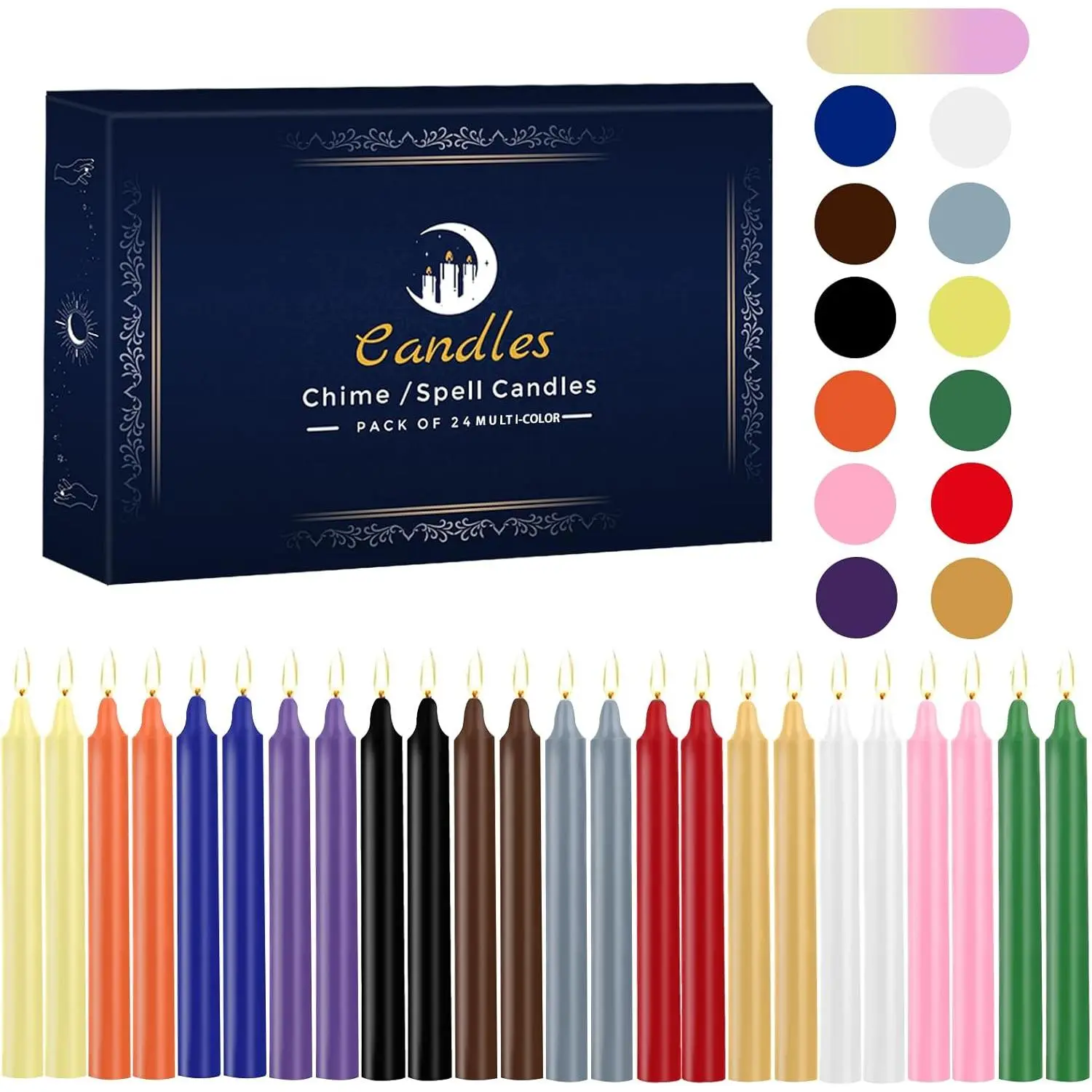 24 Pack Multicolor Spell Chime Candles -  Mini Unscented Taper Candles for Rituals, Prayer, Meditation, Altar, Spells - 4" Tall - Ideal for Witches &  Practices