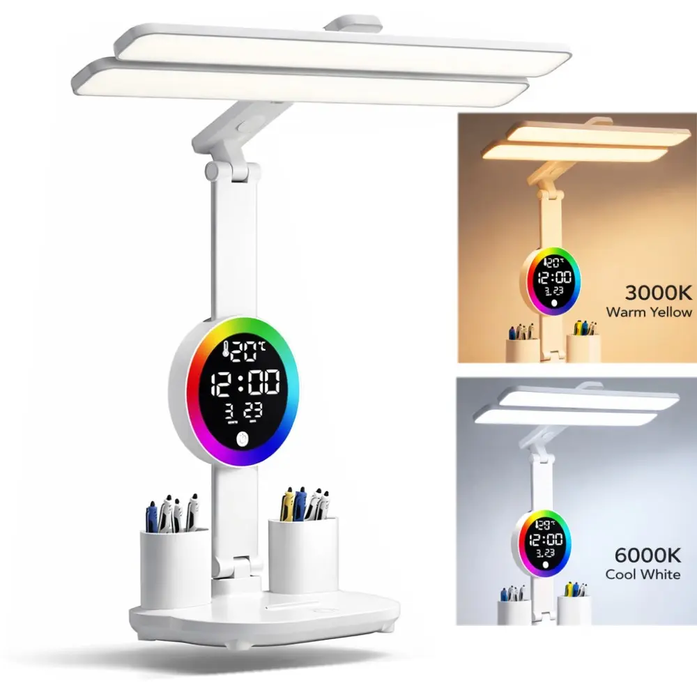 Smart LED Desk Lamp for Office Home, Bright Desk Light with Clock, Adjustable Dimmable Desk Lamps 3 Modes, Touch Study Lamp