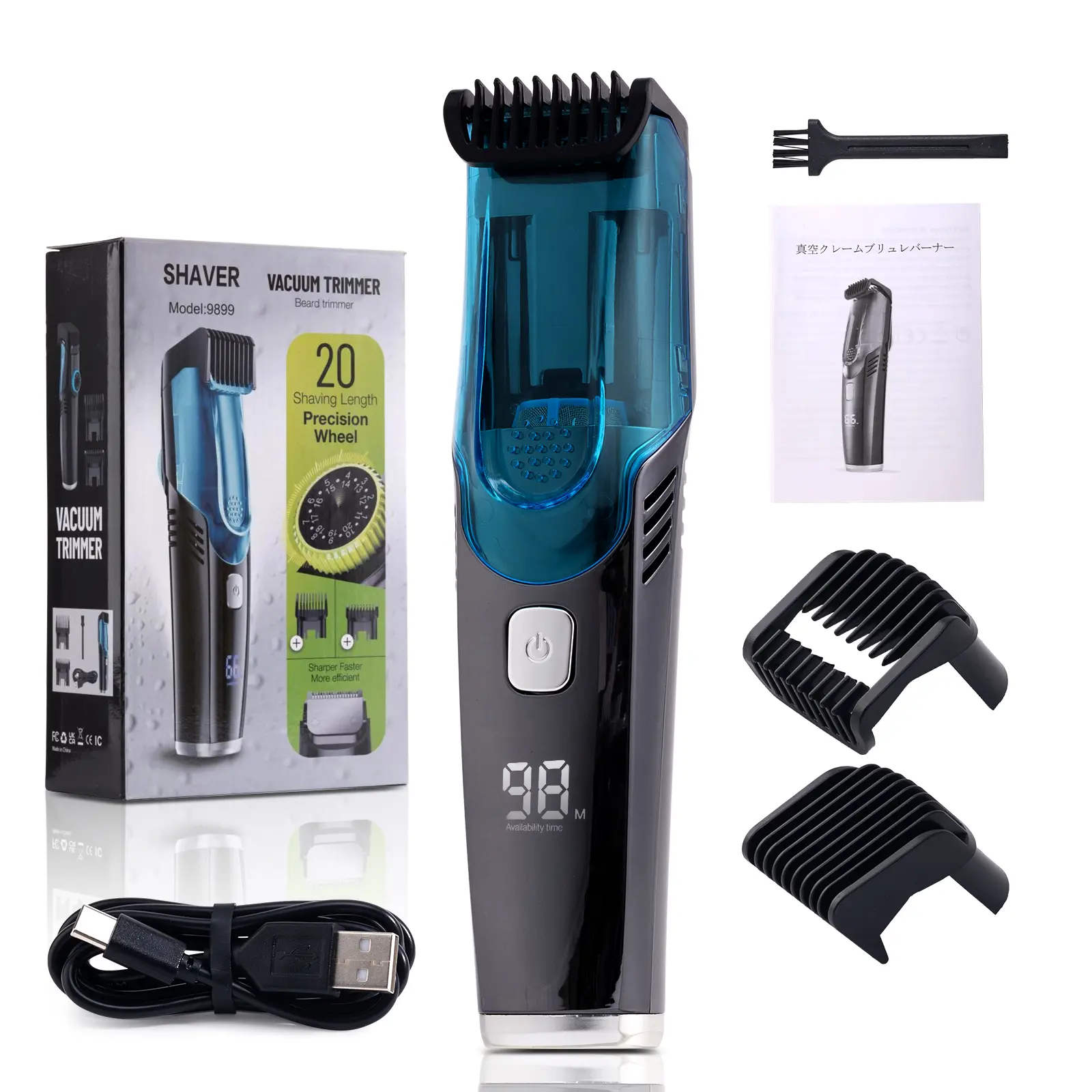 Vacuum Beard Trimmer for Men,IPX6 Waterproof Electric Beard Trimmer with Adjustable Comb (1-20MM) - Rechargeable Mustache Trimmer for Mustache,Stubble