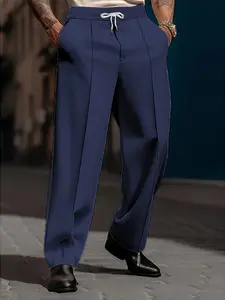 Men's Casual Comfy Fashion Fitted Trousers - Stylish Wide-Leg Plain Pants, Dark Blue/Beige, High-Quality Fabric, Drawstring, Minimalist Design, All-Season, Elegant Mature Craftsmanship