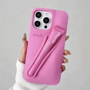 Shockproof Silicone iPhone Case with Lip Gloss Storage for iPhone 11-17 Pro Max Slim TPU Comfortable Grip Cover