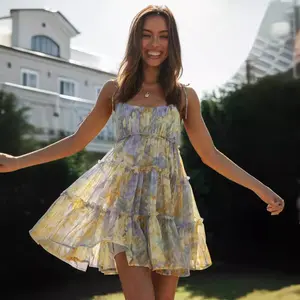 Womens 2025 Summer Floral Mini Dress Boho Flowy Skater Dresses Short Sleeveless Ruffle Spaghetti Strap Dress