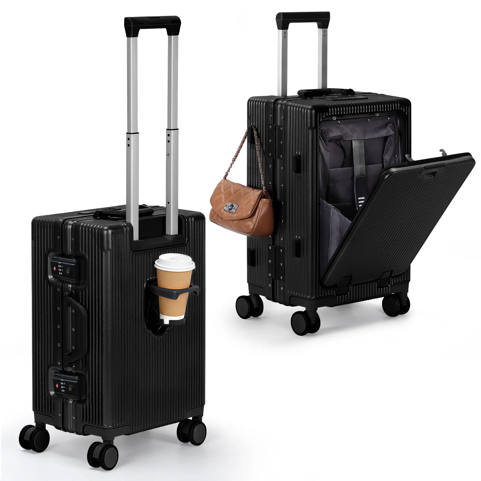 20-In Hard Shell PC Carry On Luggage, Functional Travel Bag with Front-Opening Laptop Pocket, USB Port, Cup Holder, TSA Lock for Business Trips