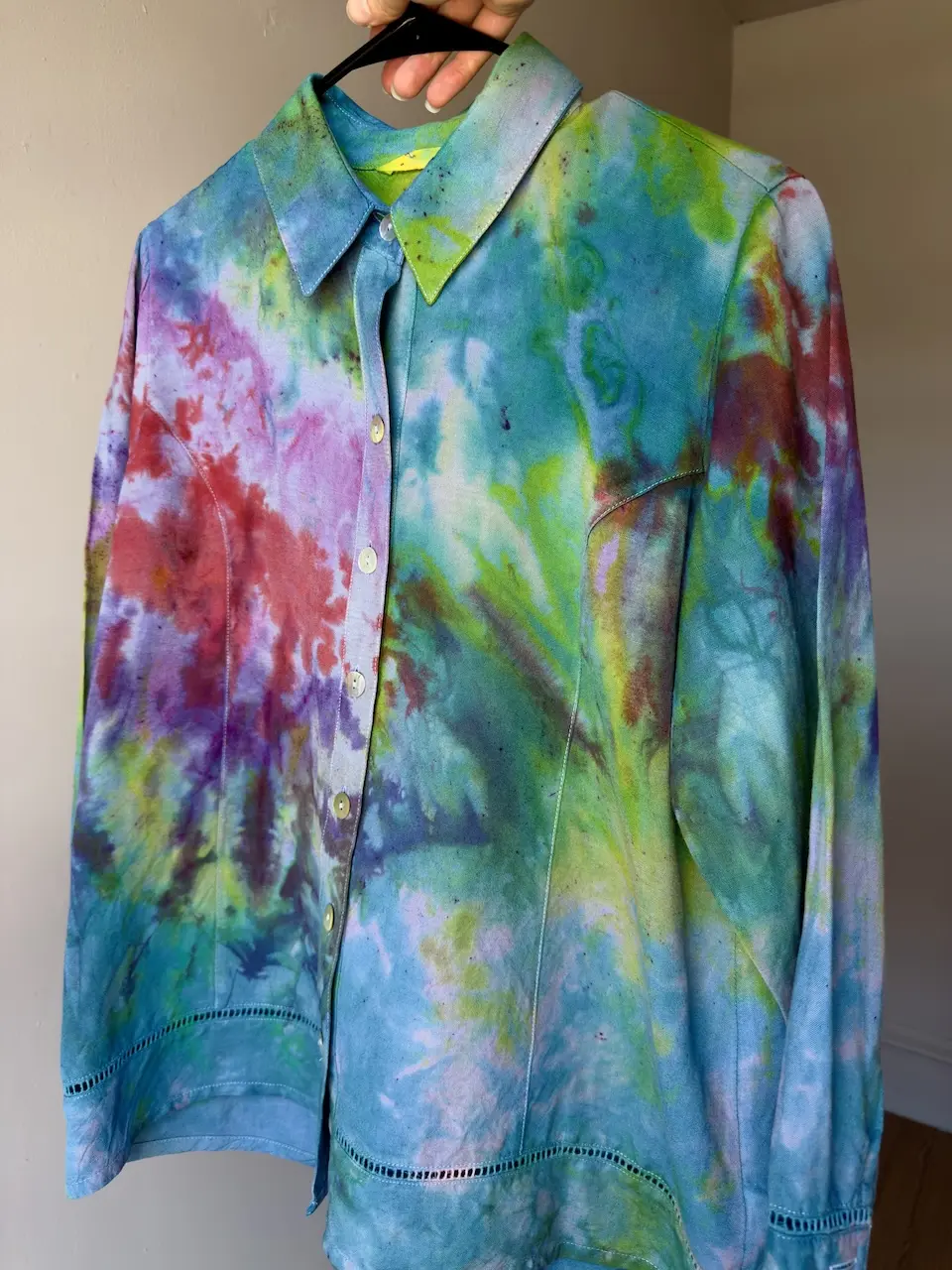 Women’s PL Blue ocean Rainbow Shirt Collared Button up top Linen long sleeve Blouse