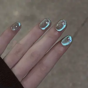 Shiny Blue Cat Eye Press on Nails, Handmade Glitter Fake Nails, 10pcs Short Oval False Nails, Elegant Nail Art Accessories