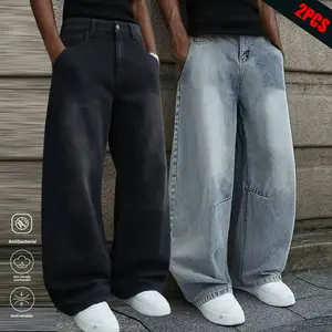 Men's Loose Wide-Leg Jeans Straight-Leg Non-Elastic Mid-Waist Breathable Fabric All-Season Classic Street Style Fashionable Casual Wear Comfortable Durable