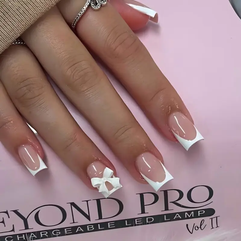 Generic Press On Nails, French Tip White Bow Design, Light Pink Base, Matte Finish, False Nails for Women