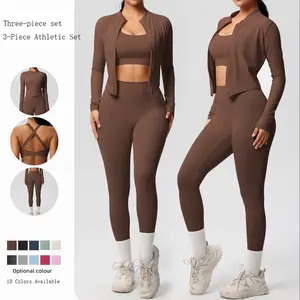 Women Skin-Friendly Double-Sided Brushed 3-Piece Yoga Suit, Sports Bra Leggings Coat Set, Spring Casual Activewear for Yoga Fitness