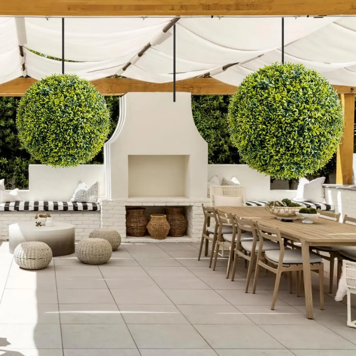 【Christmas Gift】2-Pack 16in Silk Round Farmhouse Boxwood Topiary Balls - Fake Greenery Decorative Ornaments for Porch, Patio, Window, Cafe Exterior Design - Housewarming, Office Indoor-Outdoor Hanging Decor