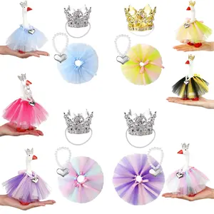 3-Piece Mini Desk Goose Princess Costume Set: Sparkling Tiara Necklace and Tutu Dress with for 7-Inch Magnetic Fit Goose Statue Key Holder - Elegant Pink Home Office Decor