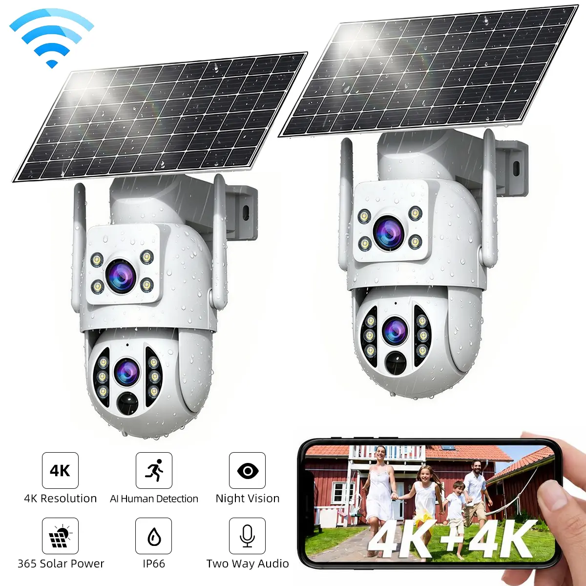 【2026 Exclusive Deal】JOOAN 4K+4K HD Solar Dual Lens Wireless Outdoor Security Camera, 360° PTZ Dual Screen(No Dead Ends), 2.4G WiFi, Spotlight, IP66 Waterproof, Color Night Vision, PIR Human Detection, Two-Way Talk, Auto Tracking, Siren Alarm, Alexa