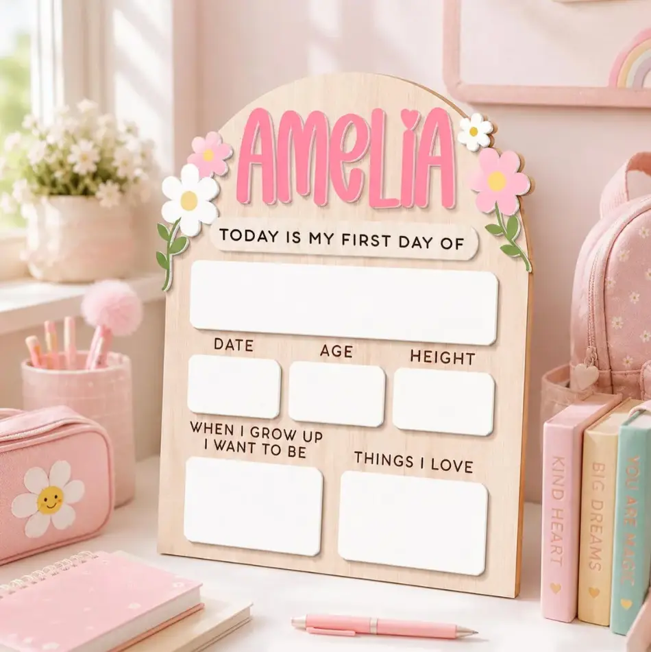 Personalized First Day of School Sign, Reusable Wooden Whiteboard, Kindergarten Last Grade