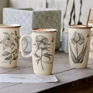 Vintage Ceramic Mug, Large Capacity Floral Pattern Cup, French Style Home & Office Coffee Cup, Water Cup, Latte and Herbal Tea Cup, Floral Gift Mug