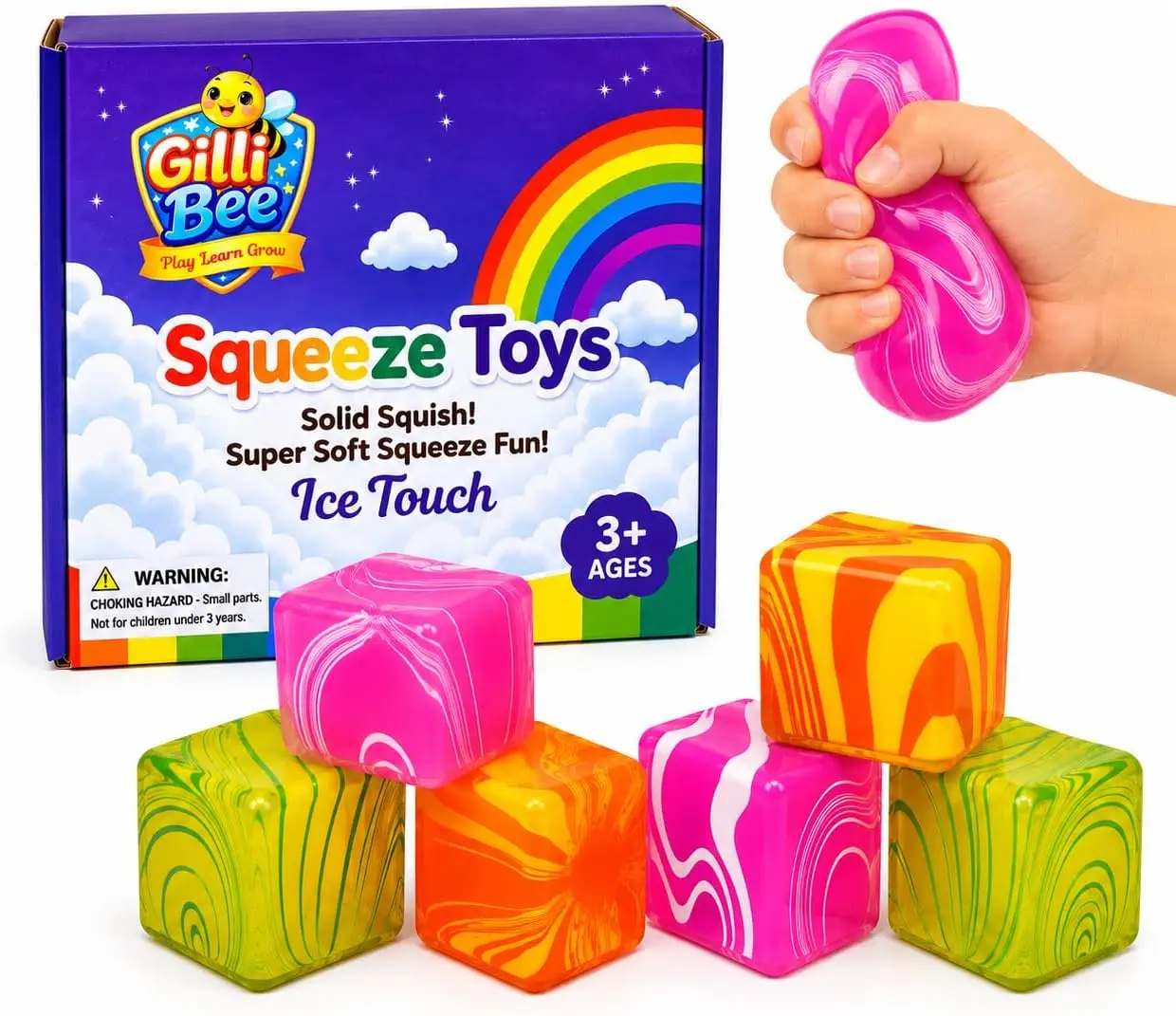 6-Pack Marble Squeeze Cubes 1.38in - Slow Rise Stress Toy | 6-pack marble squeeze cubes 1.38in, slow rise rebound, stress relief fidget set for kids, non-toxic TPR, ASTM tested