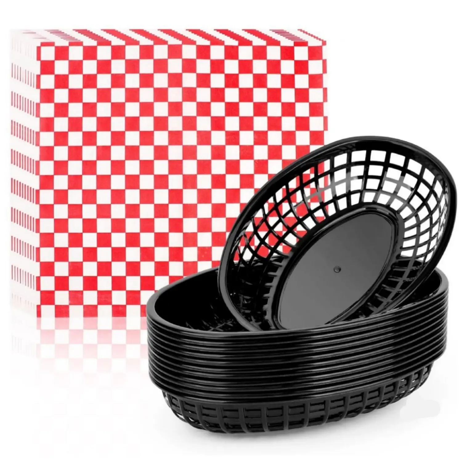 115Pcs Plastic Food Baskets and Red Check Paper Sheets , Premium Food Basket Liners, Grease Resistant Wax Paper Sheets for Food, Classic Checkered Sandwich Wrapping Paper for Party, Festival and Outdoors - Home Improvement.