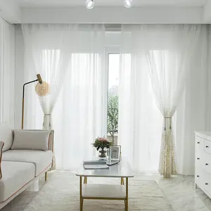 1 PC Wedding Room Sheer Curtains Golden Thread Embroidered Floral Sheer Panels Rod Pocket Light-Filtering Lace Gauze for Living Room Romantic Voile