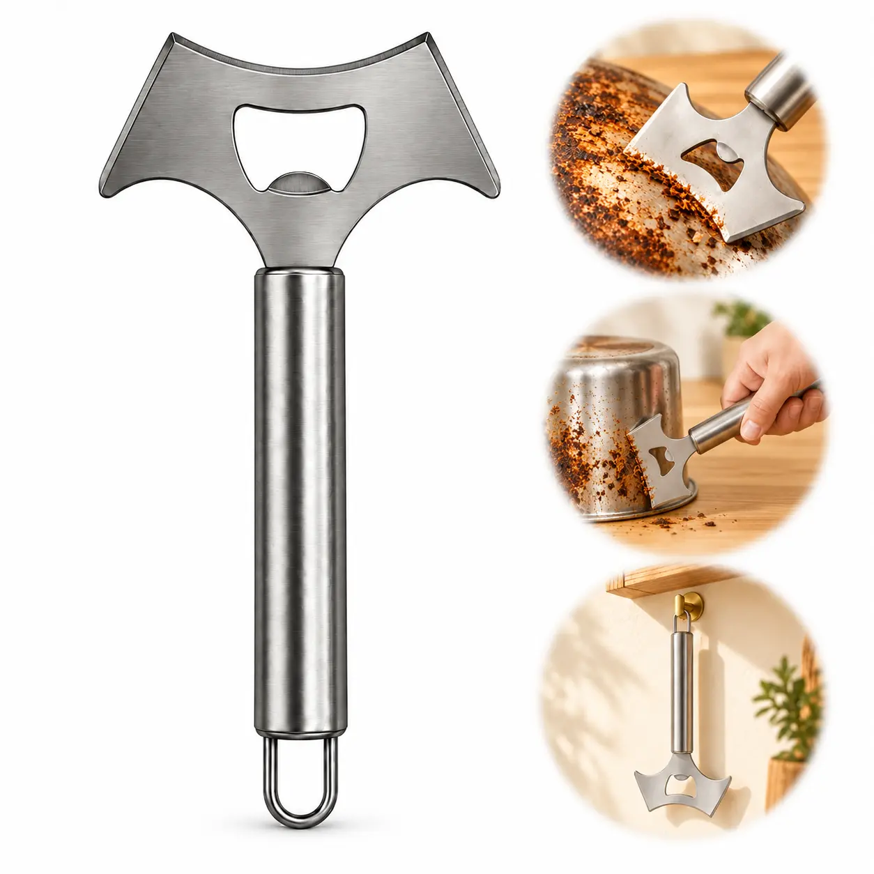 Stainless Steel Pot & Pan Scraper – Burnt-On Food Residue Cleaning Tool with Hanging Loop, Kitchen Cookware Cleaner, 2 Styles Available, Sold Separately