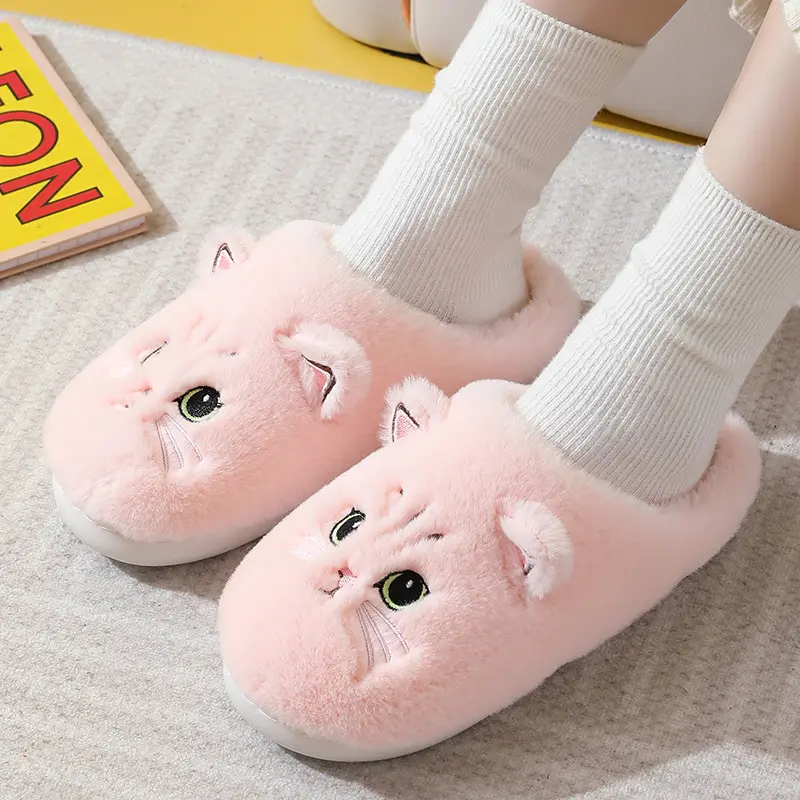 Women's Long Pile Cotton Cat Plush Slippers - Pink Cute Design, Soft Fluffy for Autumn-Winter Home Use, Ideal for Christmas-Valentine's Gifting, Shoe, Footwear