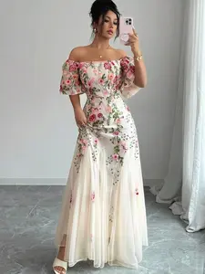 🌸 Elegant Mesh Floral Print A Line Maxi Dress, Off Shoulder Formal Look For Garden Wedding Guest.