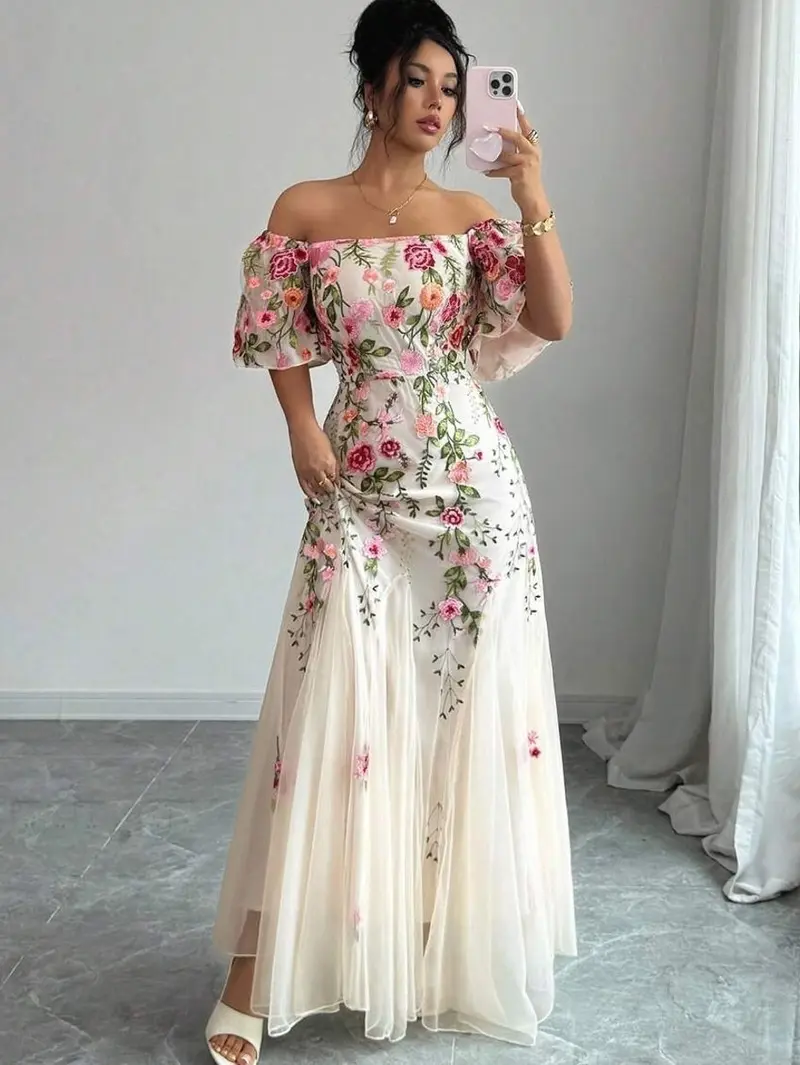 chinese dress ladies Glitter Off Shoulder Ruffle Sleeve Maxi Dress – Flower's Dress Boutique main image 0