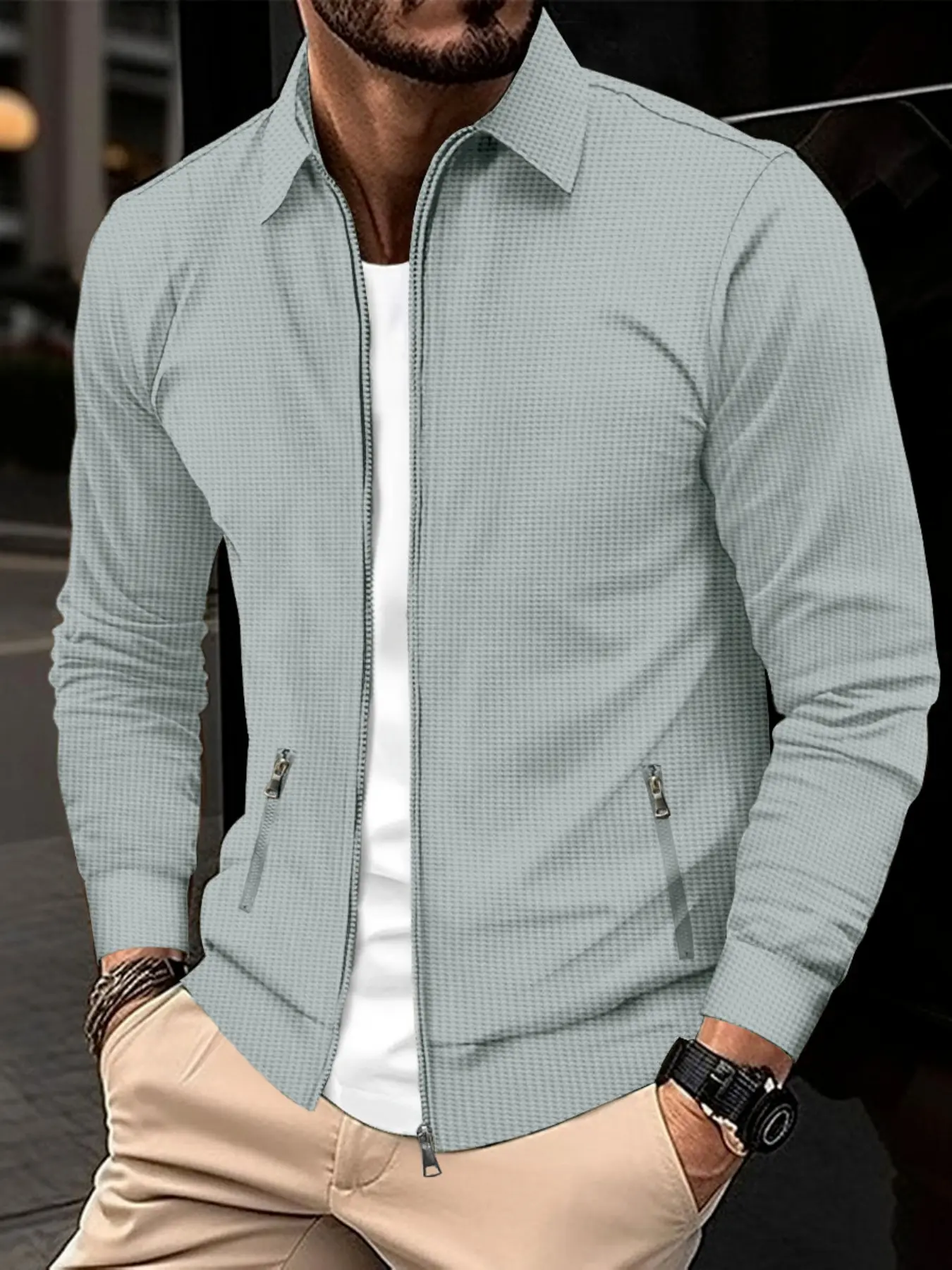 Men's Waffle Knit Long Sleeve Zipper Pocket Stand Collar Slim Fit Fitted Cardigan Jacket, Casual Youth Outerwear, Stylish Classic Men's Coat, Fashion Coat, Menswear