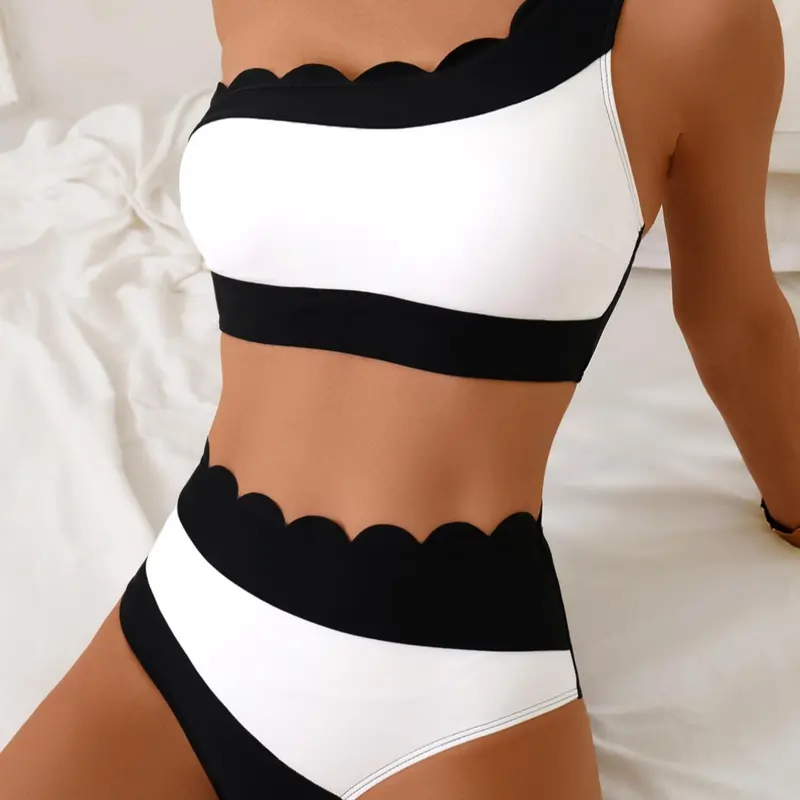 Women's Two-Piece Bikini Set with Petal Trim Design, Stylish Asymmetrical One-Shoulder Swimsuit for Beach Fashion, Bikini Beachwear, Bikini Outfits, Perfect Swimwear for Summer