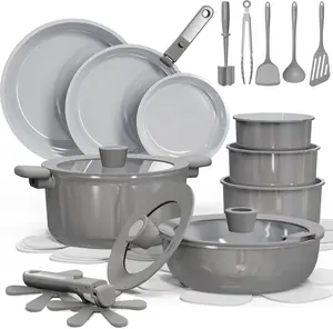27pcs Ceramic Cookware Set Nonstick, Pots and Pans Set Non Stick, Non Toxic Cookware Detachable Handles, Dishwasher/Oven Safe, RV/Camping Cookware, Pan and Pot with Kitchen Utensils, Dark Gray