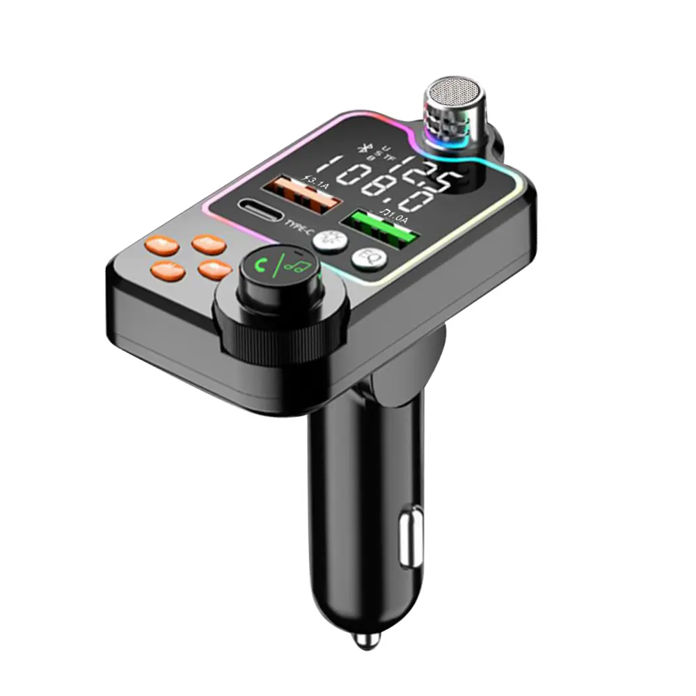 Bluetooth 5.0 Car FM Transmitter - 12-24V Plastic Bluetooth Car Adapter with Dual USB PD Type-C Plug Fast Charger, USB Port, Wireless Handsfree Call, Audio Receiver, MP3 Player, Color Lights, Digital Display