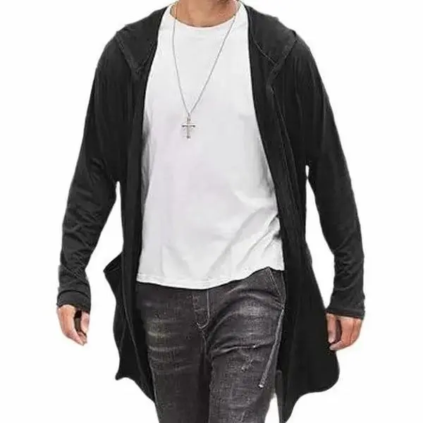 COOFANDY Men's Long Hooded Cardigan Shawl Collar Lightweight Open Front Drape Cape Overcoat with Pockets Casual Fabric Jacket Menswear Soft Hem Outfit Silky Smooth Stretchy Tops Long Sleeve