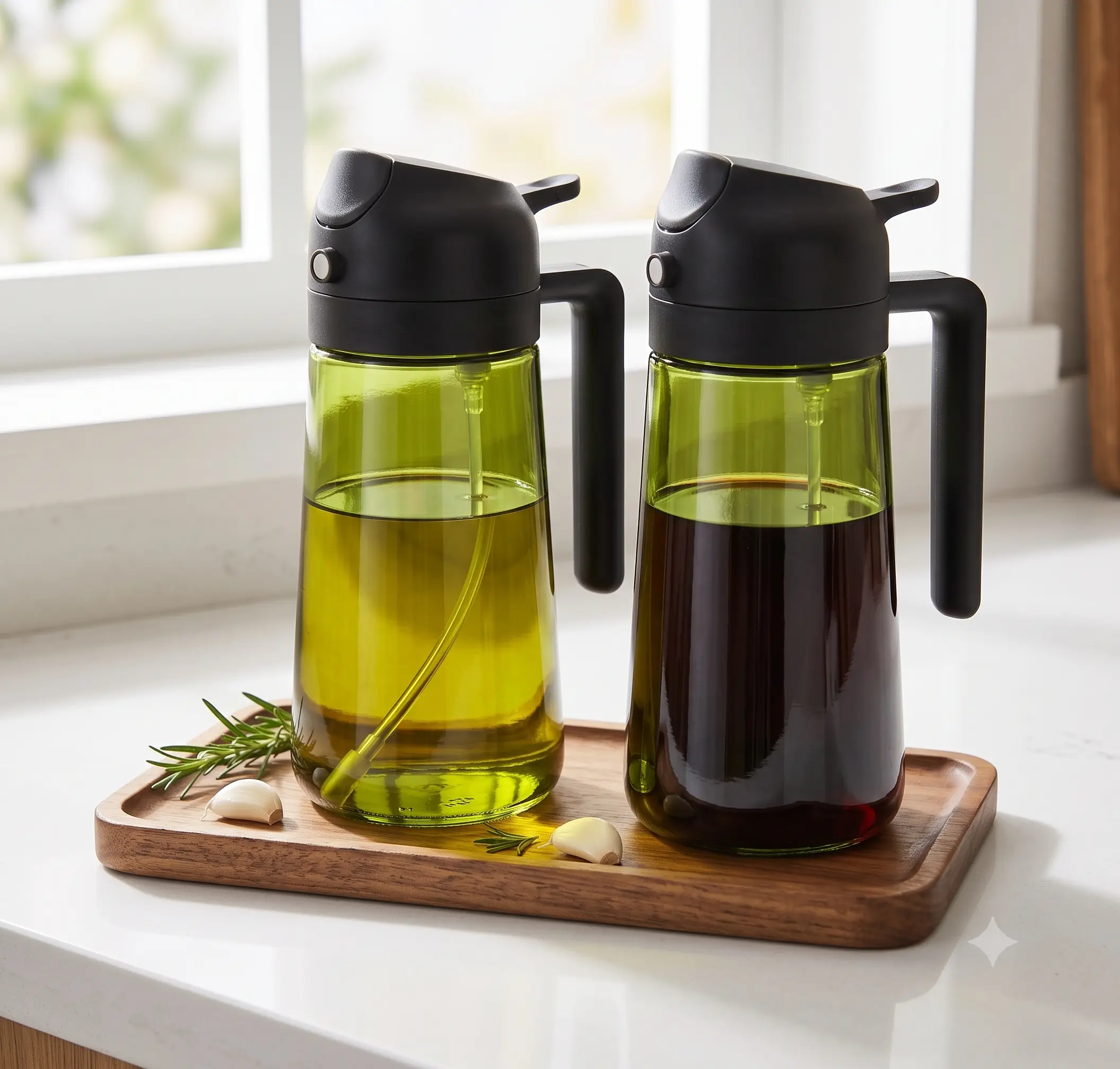 Kitchen Utensils 2-in-1 Glass Olive Oil Sprayer & Pourer Bottle, 16oz/470ml Light-Blocking Food-Grade Dispenser with Black Cap, Mesh Filter, Precise Control Mister for Air Fryer, BBQ Two-in-One Oil Dispenser Sprayer spray bottle premium oil bottle tequila