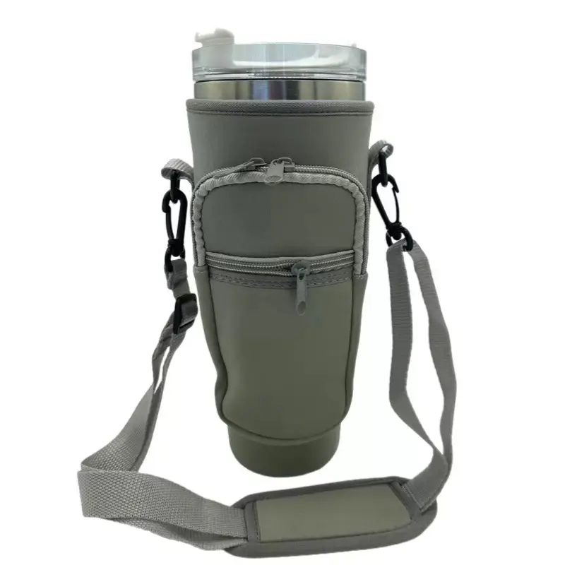 OUMAE  Crossbody Water Bottle Carrier Bag with Strap, Multi-Pocket Tumbler Pouch Holder for Phone Keys Cards, Fits 20oz 30oz 40oz Stanley Simple Modern, Portable Bottle Sleeve for Hiking Gym Travel - Off GRAY
