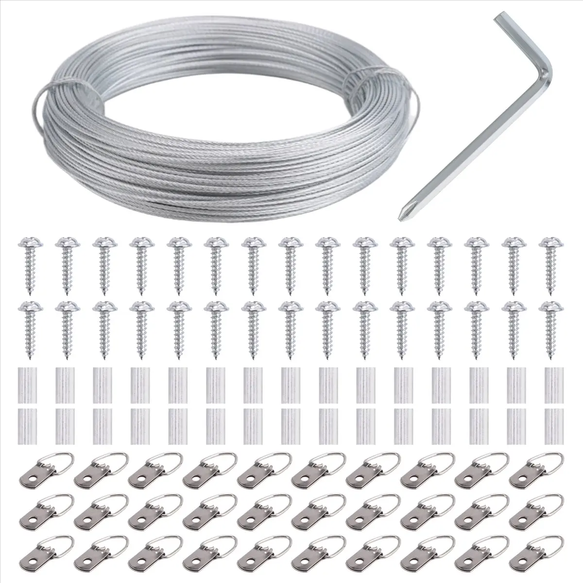 Metal Picture Hanger Wire Kit - 100pcs Components, 30.5m/100ft Braided Steel Aluminium Silver Sturdy Heavy-Duty Wall/Wooden Support Wire, 1pc Screwdriver, 30pcs D-Ring Hangers for Photo/Mirror Frames