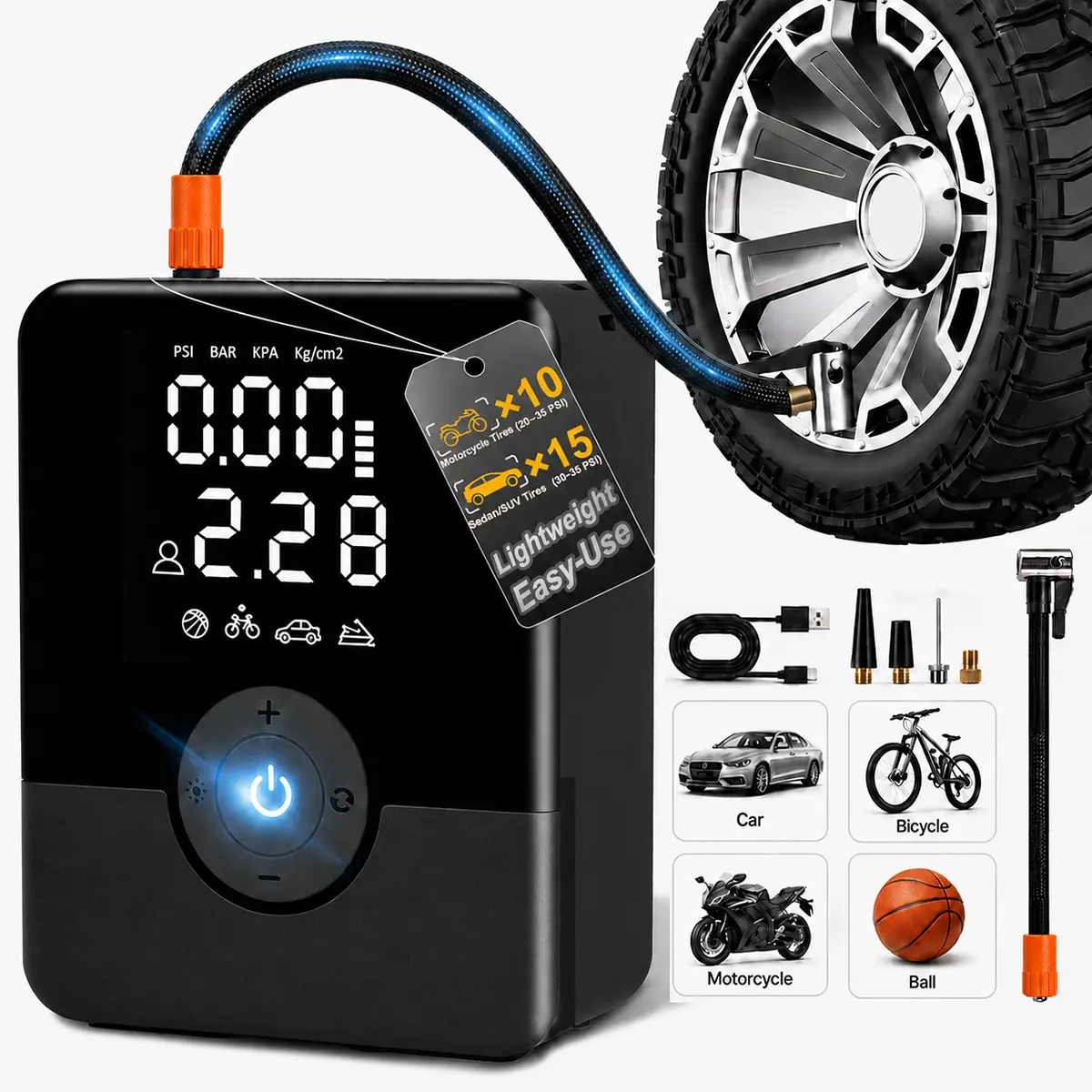 New Portable Tire Inflator 150 PSI, Cordless Air Compressor with Digital Pressure Gauge, Rechargeable Car Tire Pump with LED Light & Auto Shut-Off, for Cars, Bikes, Motorcycles & Sports Balls