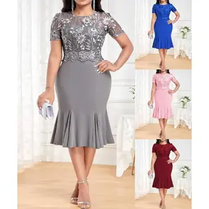 Mother of the bride dresses 2025  skirt embroidery stitching dress slim colorblock print dress mom red dress mother groom dress  long sleeve high neck dress targeted WOMEN'S casual dresses