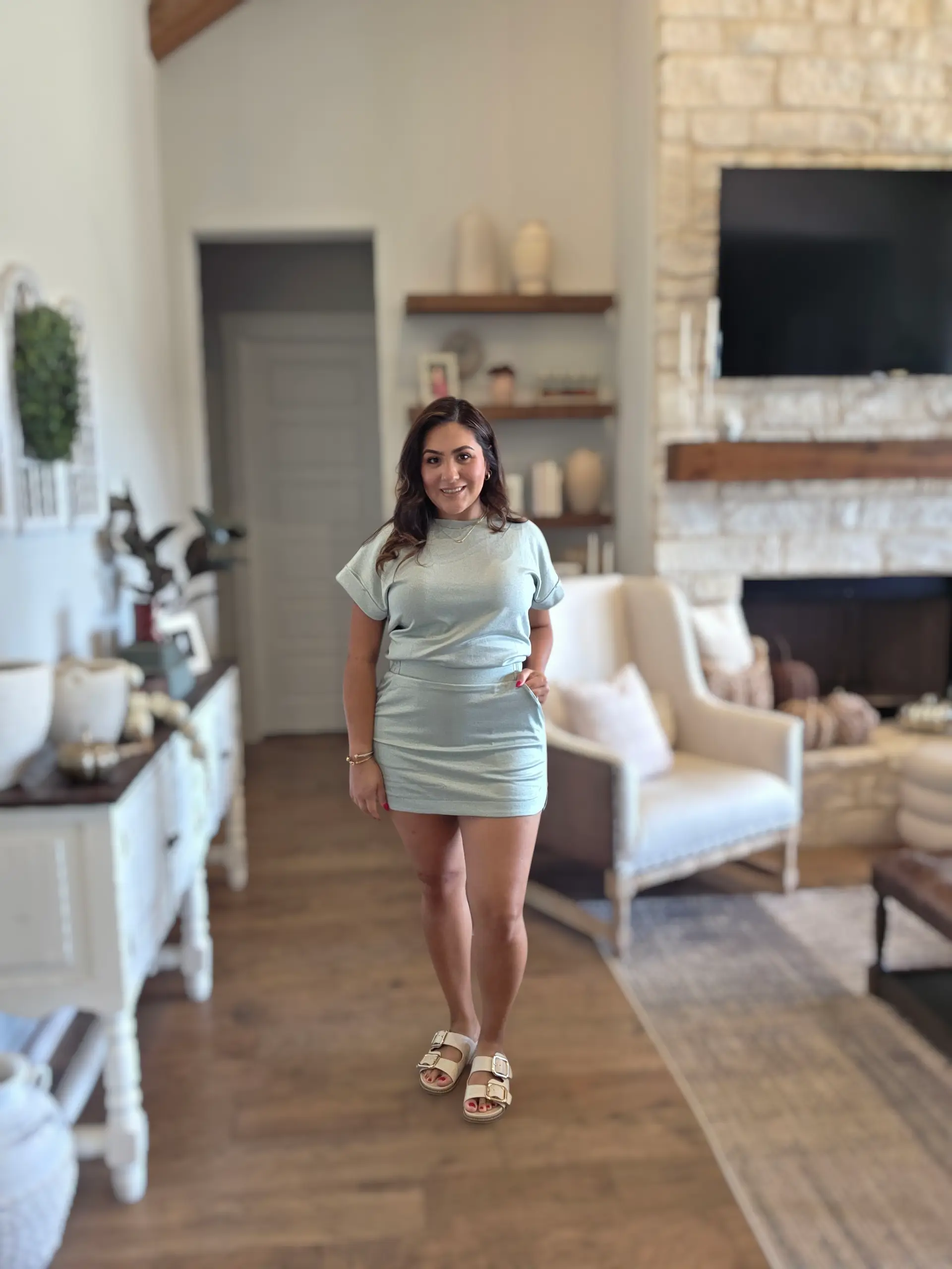 Glo Lane Collection Cozy Sage Days Set Clothes Top Women's Oversize Knit Short with Side Pockets Elastic Waistband Casual Wear