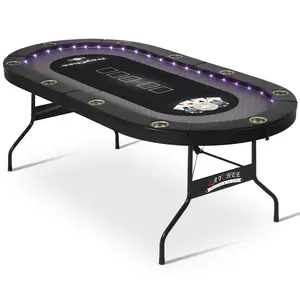 84'' 10 Player LED Poker Table Foldable, Portable Classic Casino Poker Table with Foldable Metal Legs & Cup Holders, Casino Grade Felt Surface, Portable Poker Table for Texas Holdem, Blackjack, and Other Card Games