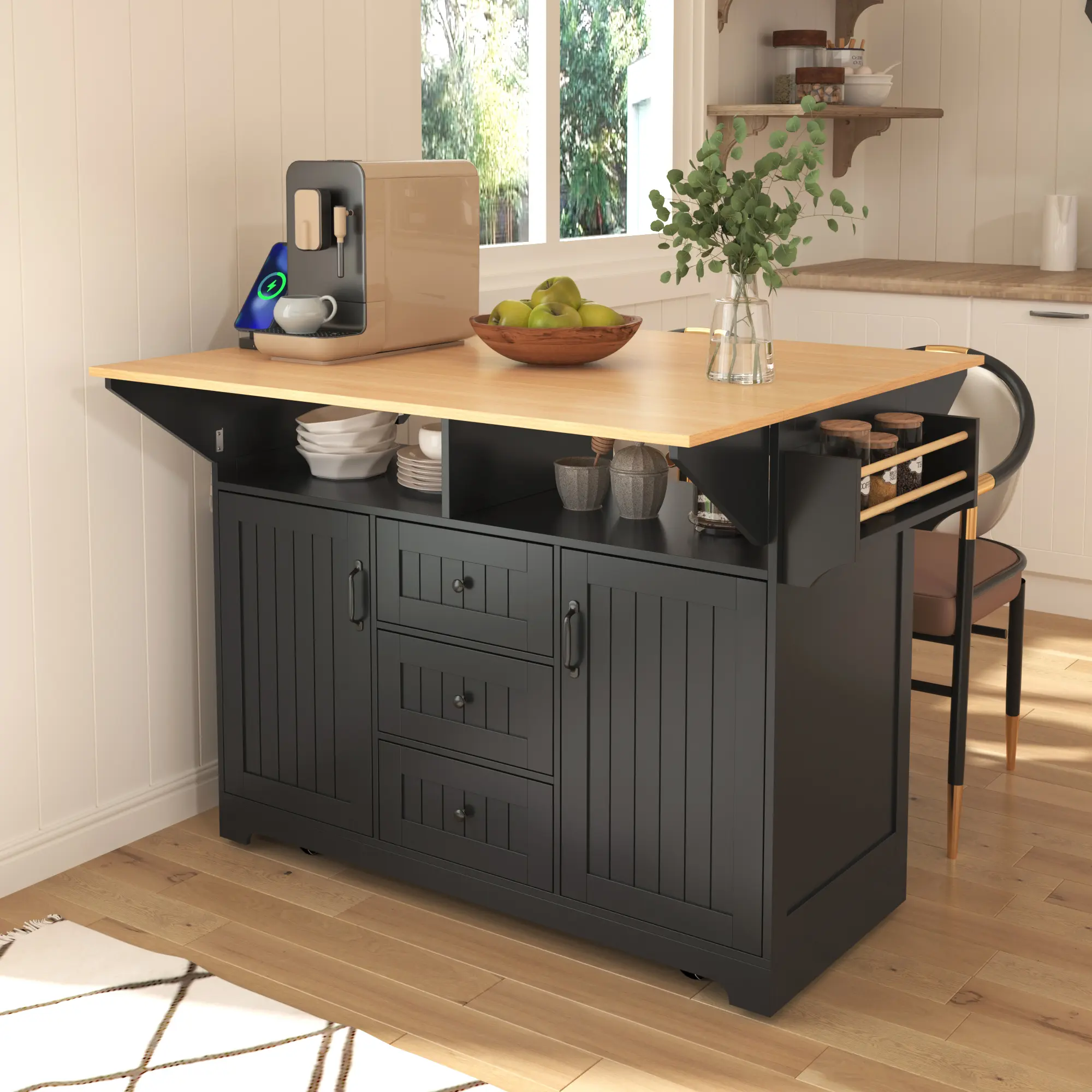 55.7" Rectangular Modern Portable Rolling Kitchen Island Storage Cabinet - High-Quality MDF Sturdy Laminate Cupboard, 400 lbs Capacity, Drop Leaf, Built-in Drawers, Outlet, Spice Rack, 3-USB Charging, Seats 4 Folding Dining Table, Simple Setup