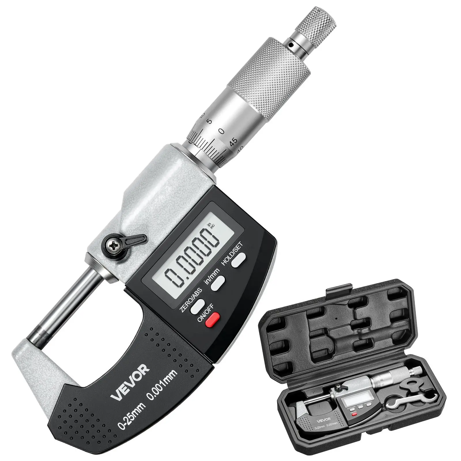 【Father's Day Gift】VEVOR 1 Digital Outside Micrometer (Metal Frame) for Adults, 0-1 in/0-25.4 mm Range, 0.00005 in Resolution, 0.0001 Accuracy, Ratcheted Thimble, LCD Display, Inch/mm Switch, Carbide Tip, Protective Case, 6.49x2.36x0.98 in, Precision Tool