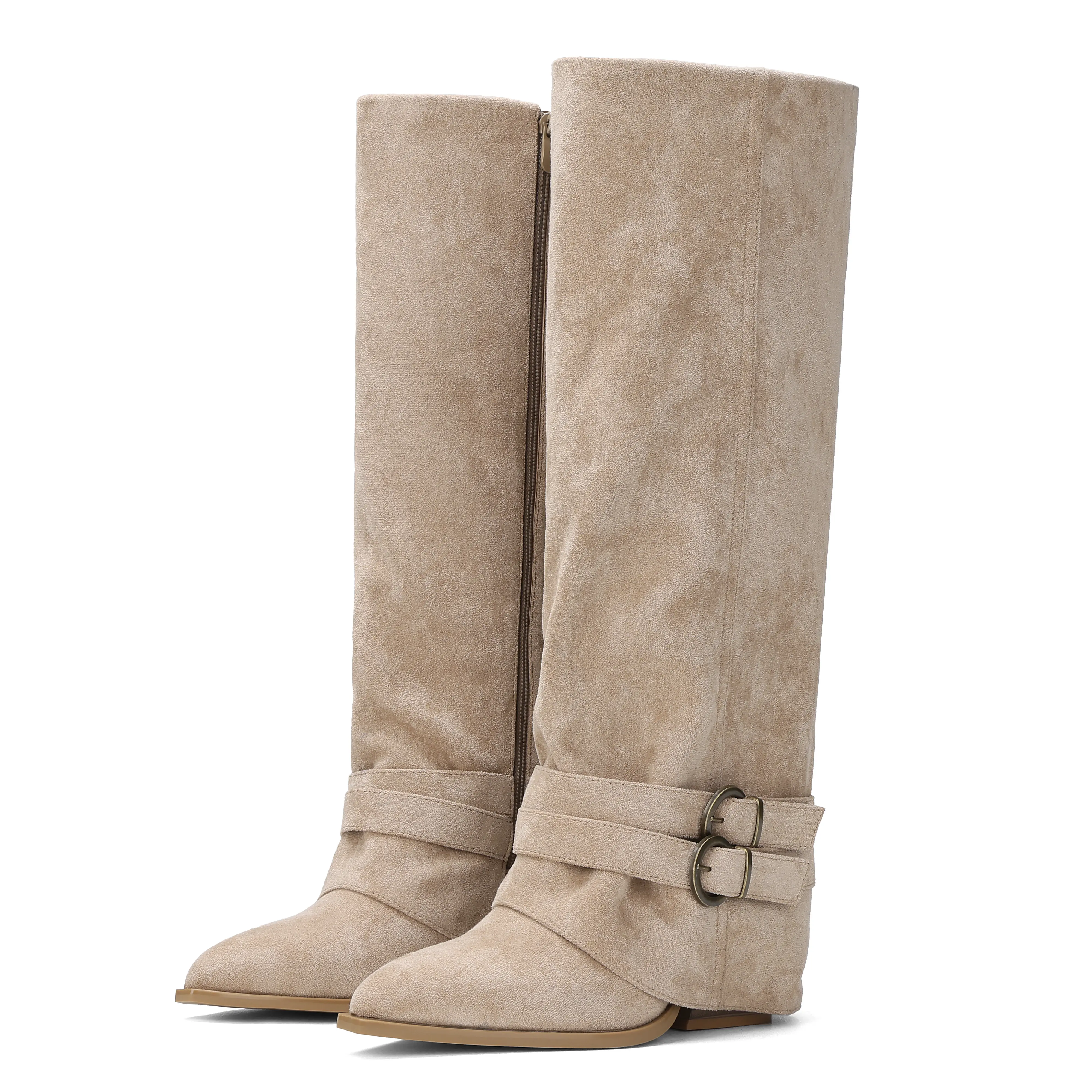 Women's Faux Suede Knee-High Boots - Pointed Toe, Wedge Heel, Double Buckle Strap, Easy Side Zip On, Secure Buckle Hold, Slouchy Shaft, Comfortable Sole, Fall Winter Walking Shoes