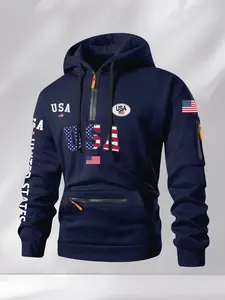 Men's Classic Aesthetics Letter Flag Graphic Print Fitted Long Sleeve Hoodie, Casual Drawstring Warm Hooded Sweatshirt Pullover, Multi-Pocket Design, Fall & Winter Outdoor Tops Wear