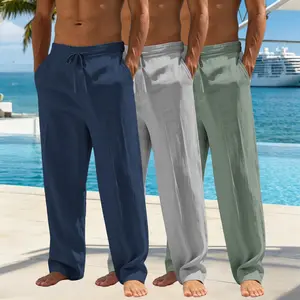 Men’s 3-pack drawstring casual pants with elastic waist, loose wide-leg fit and drawstring waistband; comfortable beach vacation style, lightweight casual pants—essential for summer.