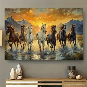 1pc Canvas Painting – Majestic Seven Horses Wall Art, Sunset Mountain Landscape, Ready to Hang, Perfect for Living Room, Bedroom, or Office Decor, Exquisitely Crafted Feng Shui Inspired Design, Horse Decor [no frame/frame]