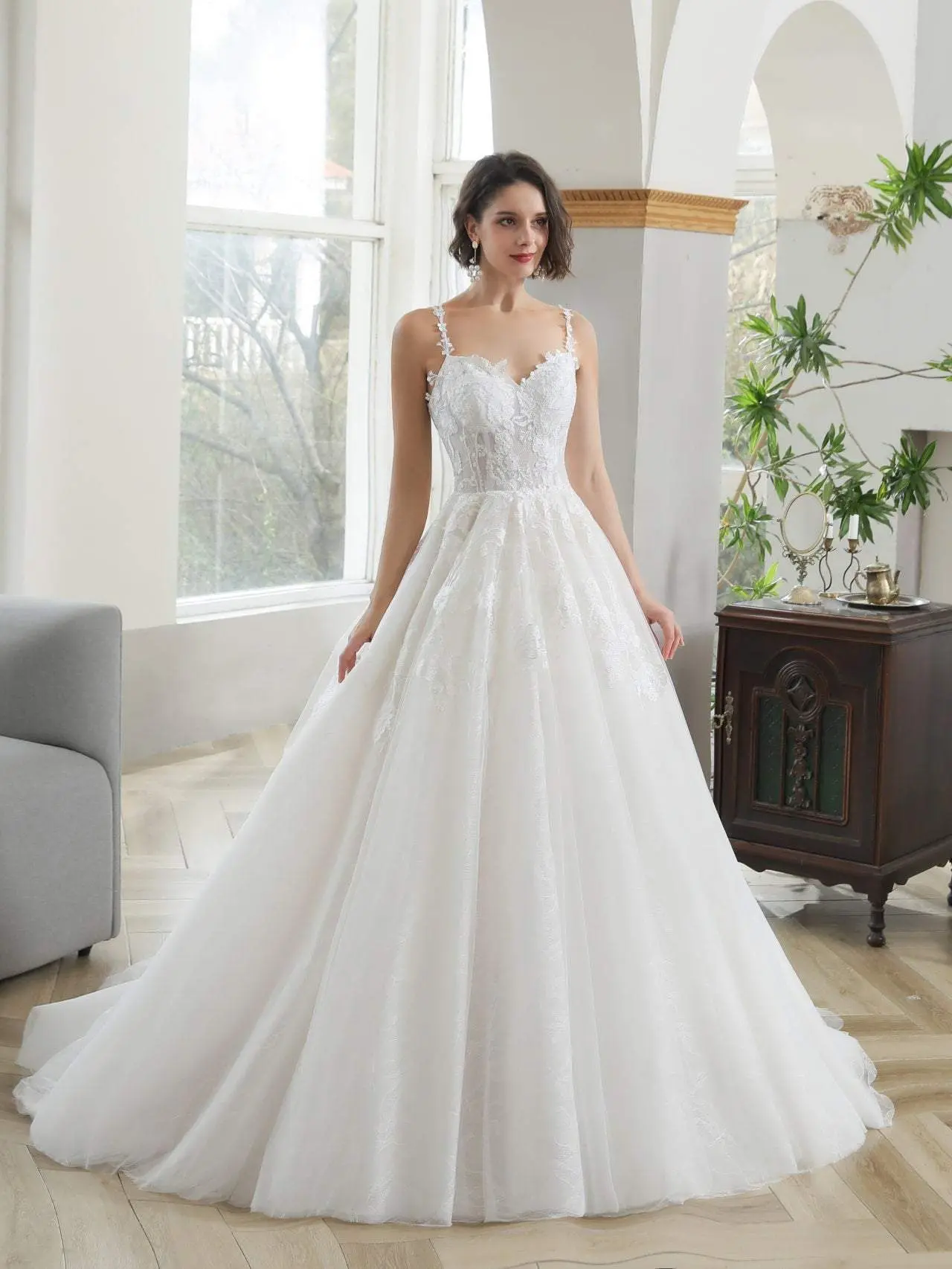 Sweetheart A-Line Wedding Gown in Floral Lace and Tulle with a Semi-Sheer Bodice, Spaghetti Straps, and Chapel Train - Plus Size, Sleeveless, Zipper, Made-To-Order