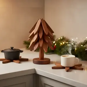 Wooden Coaster Set for Hot Foods, Christmas Tree Shape, Includes 4 Walnut Coasters and 1 Stand, Foldable Kitchen Decor Artwork, Brown