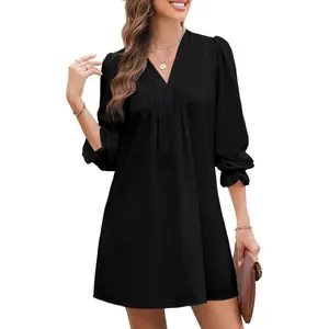 Dokotoo Womens Casual Dress A-Line Ruffle Sleeve V Neck Midi Dress 2026 Fashion Pleated Flowy Sundress Loose Shirt Dresses