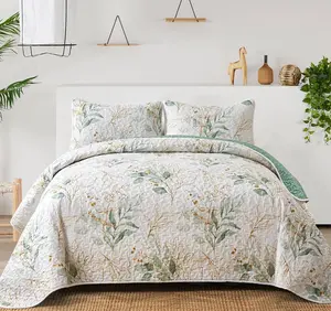 WONGS BEDDING Floral Quilt Queen Size,Green Botanical Queen Quilt 3 Pieces,Reversible Soft Bedspread Queen Size for All-Season(96"x90")
