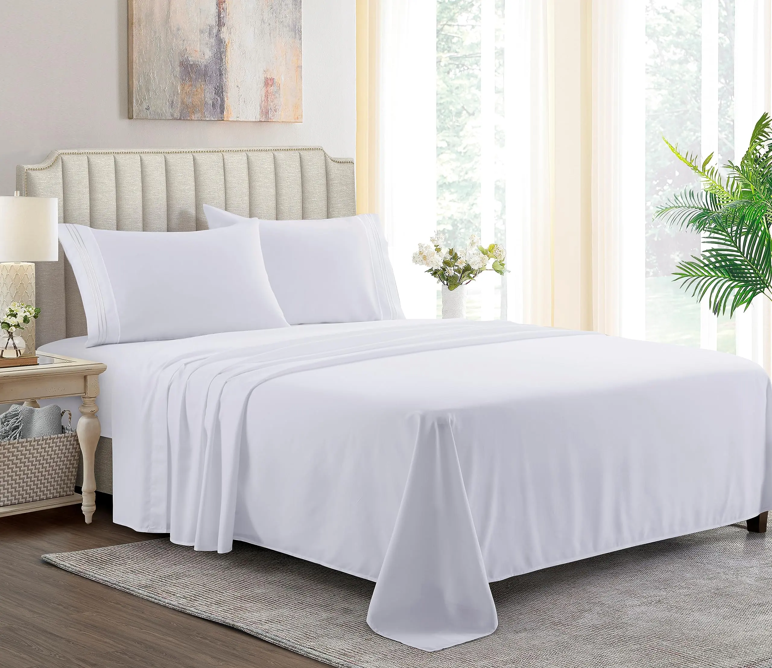 SmartM'Raud California King Sheets - 4 Piece Set - Elegant, Comfy, Extra Soft, Hotel Luxury Bed Sheets & Pillowcases - Deep Pockets - Cooling, Wrinkle Free, Stain, Fade Resistant - White