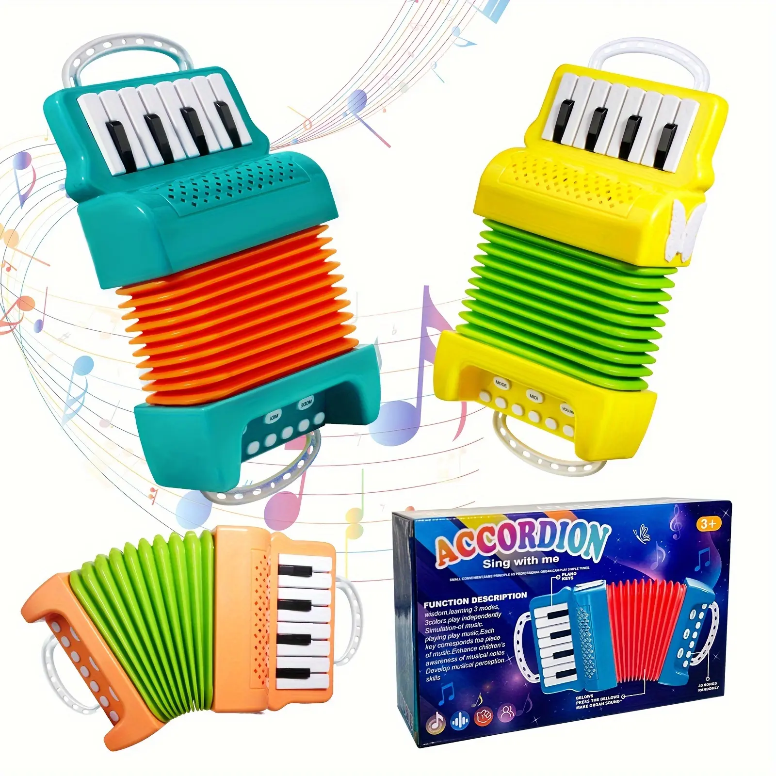 1pc Unisex Kids' ABS Resin Accordion Toy - 12-Key Keyboard, Learning 3 Play Modes, Simulation of Music, Educational Musical Instrument for Child Development, Colorful Box Packaging, Christmas Gift (Batteries Not Included)