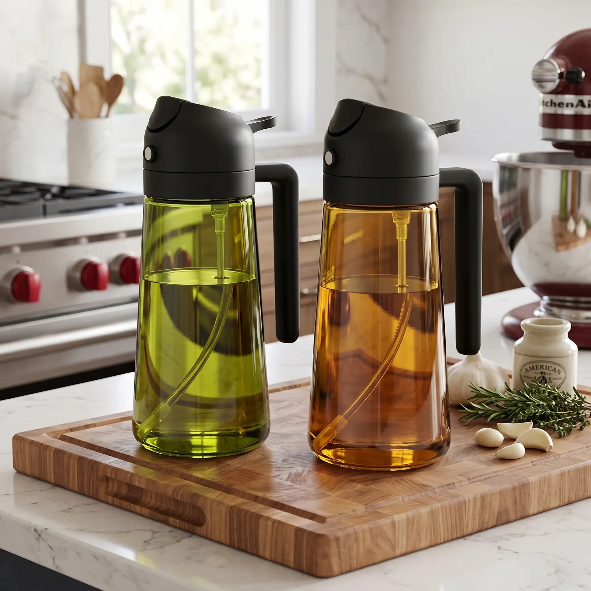 2 in 1 Oil Sprayer & Dispenser 16oz/470ml, Light-Blocking Dark Green Glass Olive Oil Bottle, Food-Grade Oil Mister for Cooking, Air Fryer, BBQ, Baking, Salad